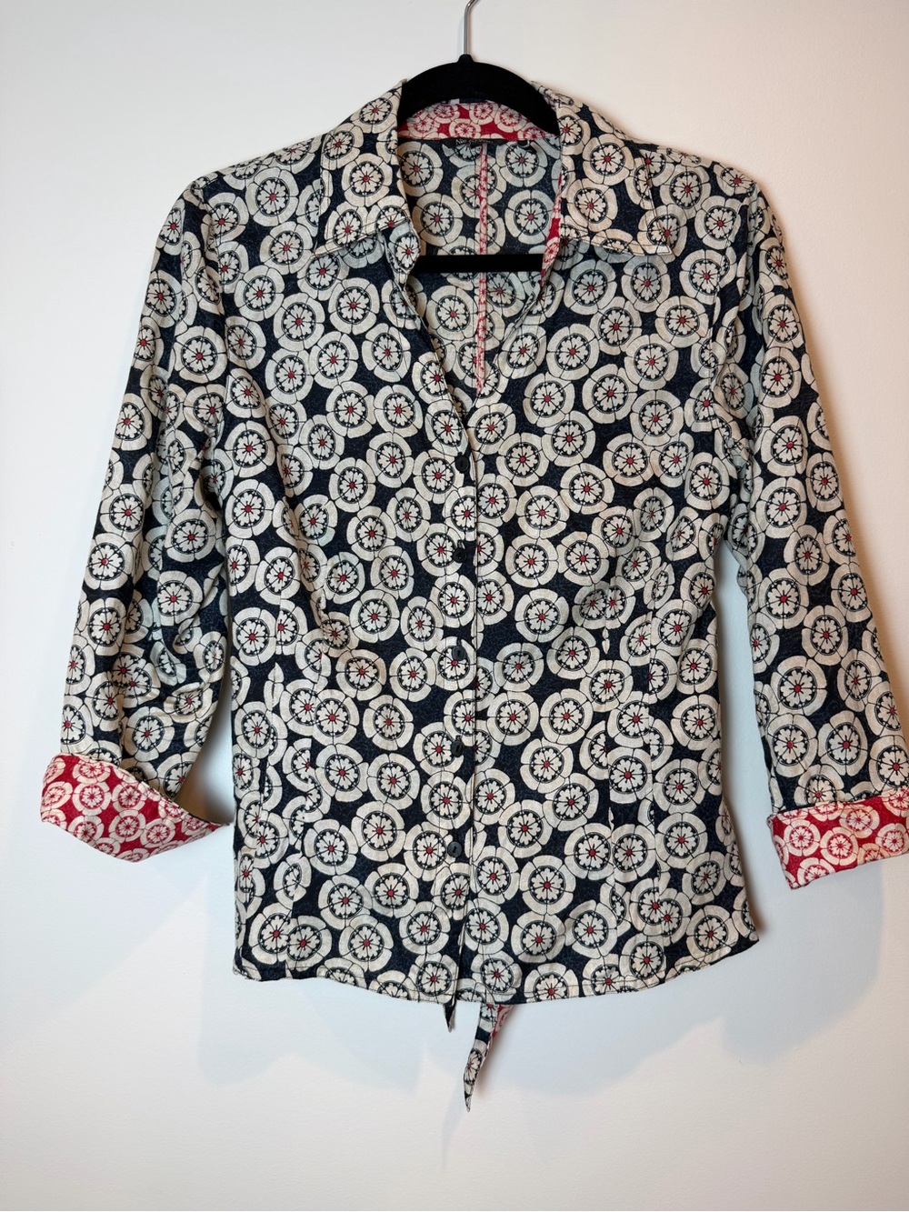 Nic+Zoe Silk Cotton Blend Geometric Print Button Front Tie Back Top Size 10